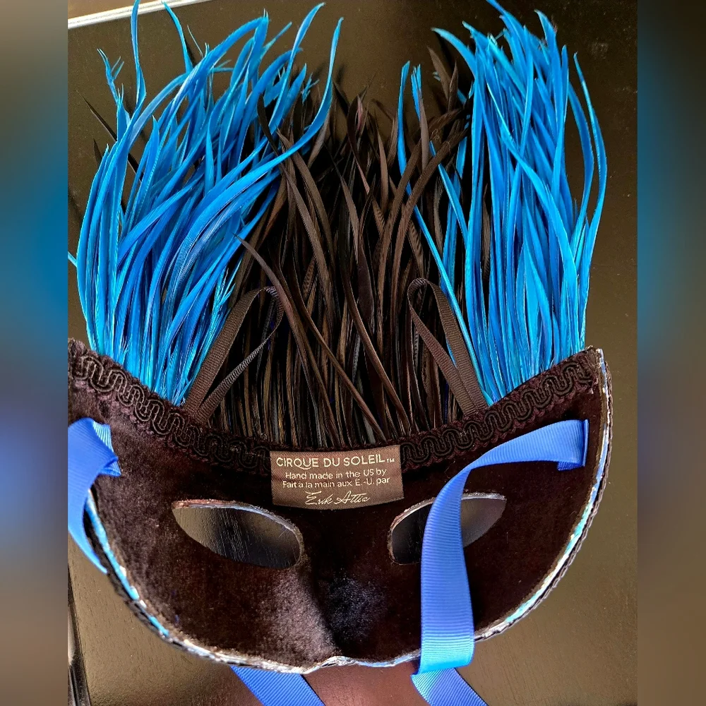 Blue and Black Feathered Masquerade Mask Cirque Du Soliel Erik Attia